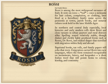 
Carregar imagem no visualizador da galeria, Sample Last Name Origin PDF — The Rossi Family — dense Standard layout, coat of arms left, surname history right — Herald Lab SAMPLE