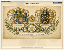 Load image into Gallery viewer, Sample anniversary dual coat of arms PDF on parchment — Your Surnames placeholders, Sample layout badge — Herald Lab digital deliverable