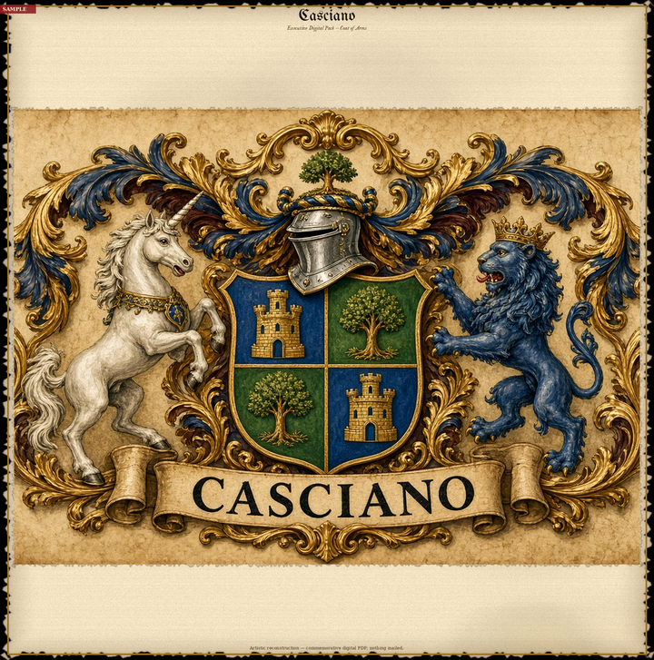 Muestra del pack Ejecutivo — lámina del escudo y historia extensa del apellido